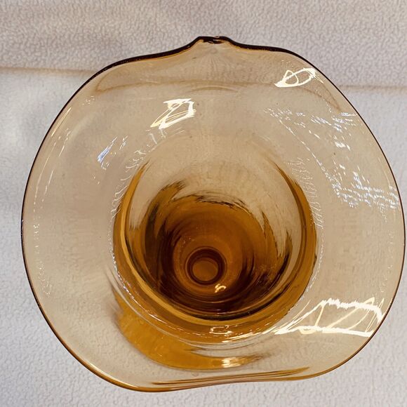 MCM Vtg Hand-Blown Amber Glass Yellow Vase Folded Open Top Pedestal Much Detail - Picture 6 of 16